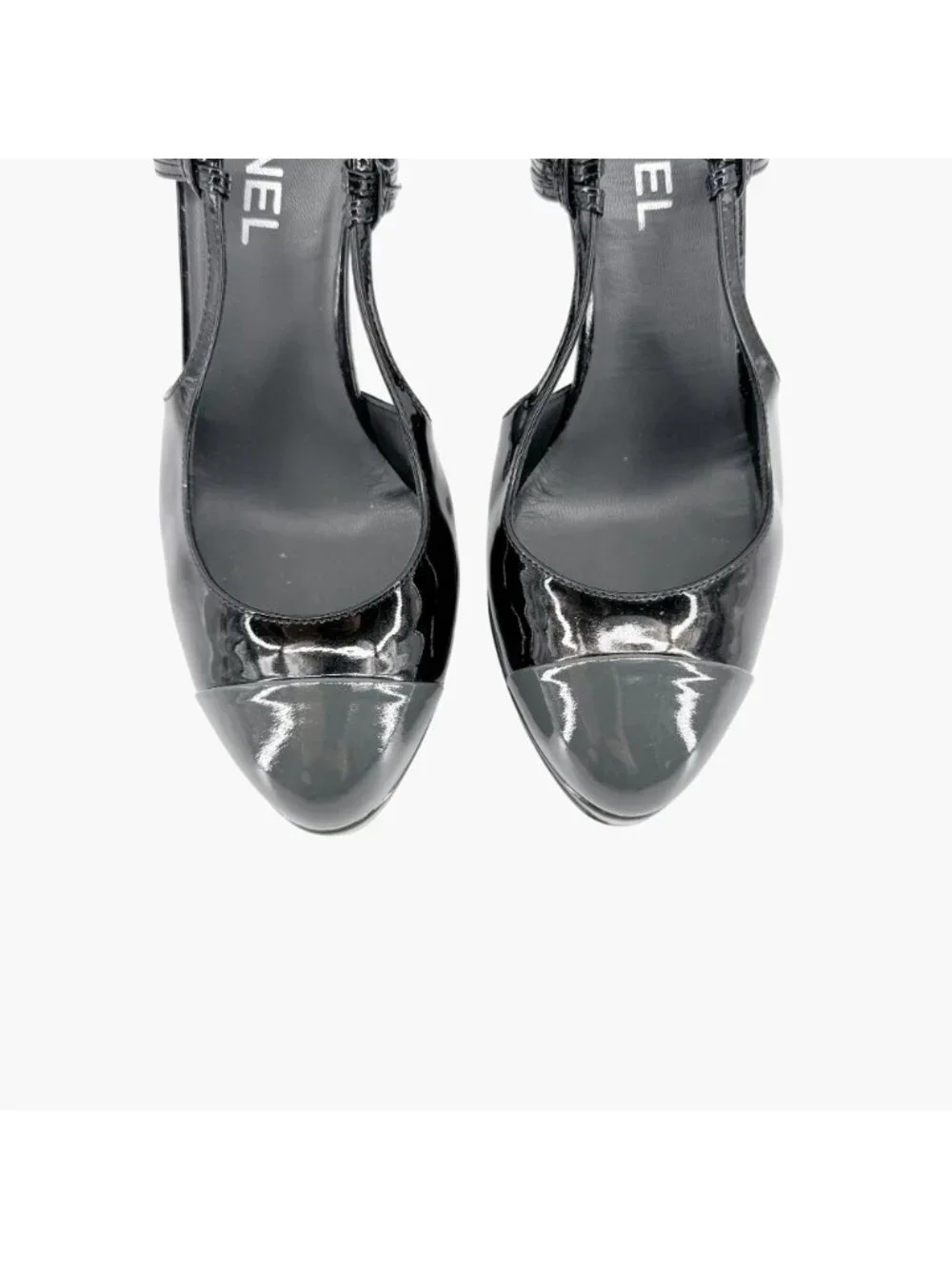 Chanel Cap Toe Slingback Pump Size 38.5 US 7.5-8 Black Patent Platform High Heel